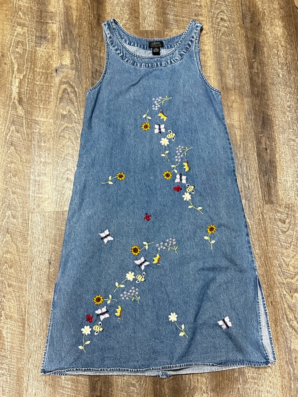 Agapo Denim Embroidered Floral Butterfly Maxi Dress 100% Cotton Petite Medium